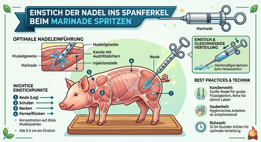 Einstich der Nadel ins Spanferkel beim Marinade spritzen